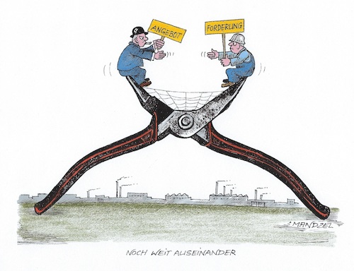 Cartoon: Tarif-Konflikt (medium) by mandzel tagged metallindustrie,streiks,arbeitgeber,arbeitnehmer,tarifauseinandersetzungen,metallindustrie,streiks,arbeitgeber,arbeitnehmer,tarifauseinandersetzungen