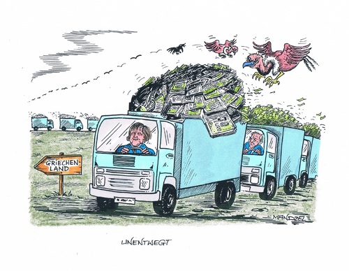 Cartoon: Unentwegte Geldtransporte (medium) by mandzel tagged griechenland,geldtransporte,geier,griechenland,geldtransporte,geier
