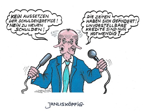 Cartoon: Vor der Wahl und nach der Wahl (medium) by mandzel tagged schuldenbremse,merz,wendehals,union,kredite,kriegsmaterial,aufrüstung,deutschland,der,wahl,schuldenbremse,merz,wendehals,union,kredite,kriegsmaterial,aufrüstung,deutschland