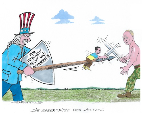 Cartoon: Vorkämpfer (medium) by mandzel tagged ukraine,russland,bomben,selenski,usa,putin,kämpfe,ukraine,russland,bomben,selenski,usa,putin,kämpfe