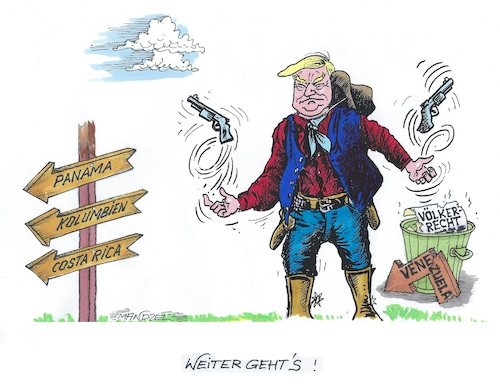 Cartoon: Wildwest (medium) by mandzel tagged trump,usa,venezuela,iran,politik,aggressivität,maduro,völkerrecht,trump,usa,venezuela,iran,politik,aggressivität,maduro,völkerrecht