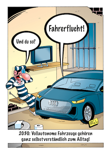 Cartoon: Autonome Fahrzeuge (medium) by stefanbayer tagged auto,fahrzeug,mobilität,elektroauto,autonomesfahrzeug,fahrerflucht,alltag,2030,vollautonom,selbstfahrend,automobilindustrie,gefängnis,knast,stefanbayer,bay,suv