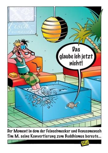 Cartoon: Fisch-Fußmassage (medium) by stefanbayer tagged fisch,fuß,füsse,massage,fischmassage,wellness,spa,freizeit,dienstleistung,genußmensch,feinschmecker,buddhismus,konvertierung,glaube,leben,tot,tod,stefan,bayer,stefanbayer,aquarium,wasser,cocktail