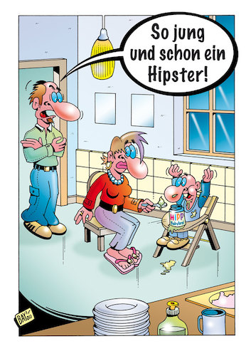 Cartoon: Hipster (medium) by stefanbayer tagged bohemien,subkultur,mainstream,zeitgeist,bart,jugend,küche,eltern,essen,hipp,babybrei,hipster,vater,mutter,jung,kleinkind,stefanbayer,bay,jugendkultur,füttern,baby