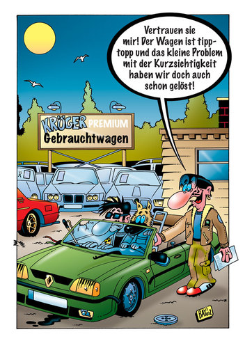 Cartoon: Tipptopp! (medium) by stefanbayer tagged automobilbranche,stefan,bayer,stefanbayer,gebrauchtwagen,tipptopp,auto,fahrzeug,gebrauchtwagenhändler,mobilität,betrug,blind,kurzsichtig,sehschwäche,blindenhund,fahren,premium,cabrio,schrott,autohändler