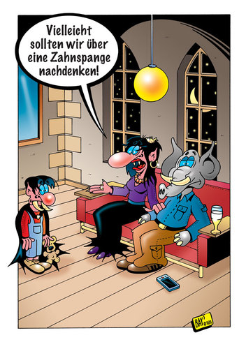 Cartoon: Zahnspange (medium) by stefanbayer tagged vampir,blutsauger,blut,saugen,zähne,zahnspange,stoßzahn,zahn,nachdenken,spange,kinder,familie,nacht,mond,gestraft,stefan,bayer,stefanbayer