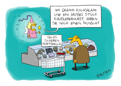Cartoon: Drei Wünsche (medium) by Holga Rosen tagged fee,wünsche,wursttheke,fee,wünsche,wursttheke