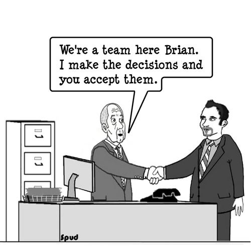 Cartoon: We are a team (medium) by cartoonsbyspud tagged cartoon,spud,hr,recruitment,office,life,outsourced,marketing,it,finance,business,paul,taylor