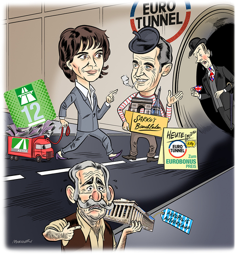 Cartoon: Eurotunnel im Ausverkauf (medium) by ian david marsden tagged eurtunnel,autobahn,vignette,schweiz,frankreich,griechenland