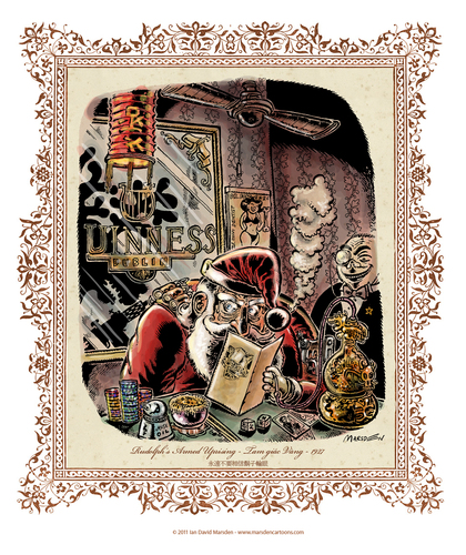 Cartoon: Santa Claus Rudolph Rebellion (medium) by ian david marsden tagged golden,rudolph,claus,santa,triangle,mekong,opium,heavy,weapons,hallucinations,antique,copper,engraving,vintage