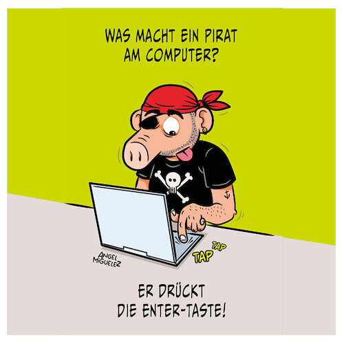 Cartoon: Piratenwitz (medium) by Miguelez tagged schwein,pirat,witz,laptop