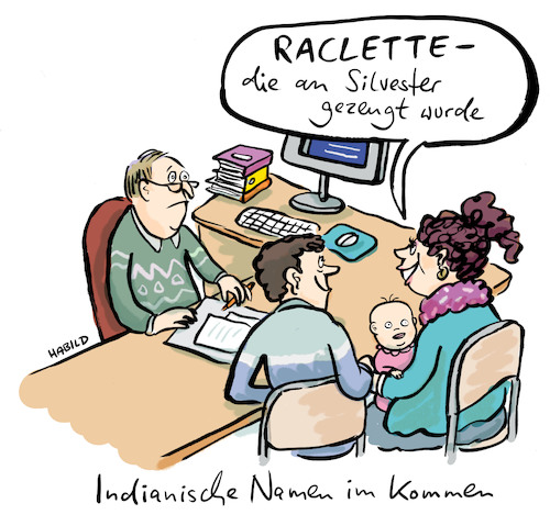 Cartoon: Raclette (medium) by habild tagged namen,vornamen,standesamt,geburtsurkunde,beamter,eltern,baby,eintragen,geburt,namensfindung