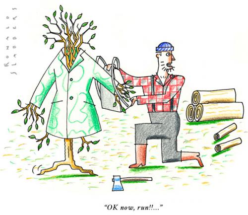 Cartoon: . (medium) by Ronald Slabbers tagged tree,trees,woods,lumberjack,deforestation,forest,escape,rainforest,environment,baum,bäume,holz,holzfäller,wald,regenwald,