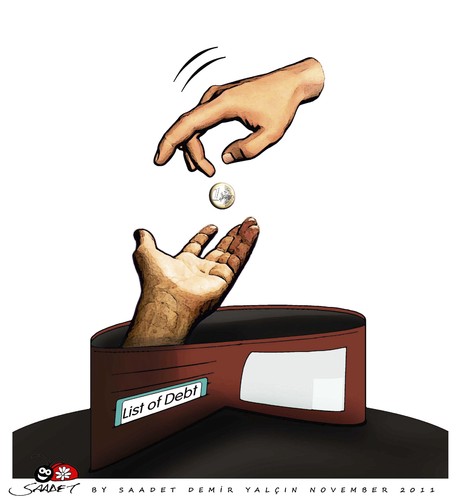 Cartoon: Debt (medium) by saadet demir yalcin tagged hand,money,greece,economiccrisis,wallet,debt,sdy,saadet