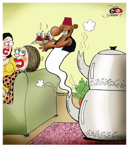 Cartoon: tea and genius (medium) by saadet demir yalcin tagged gin,womans,tea,humor,turkey,syalcin,saadet,sdy