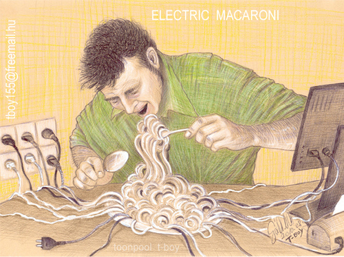 Cartoon: PIZZA  AND  ELECTRIC  PASTA (medium) by T-BOY tagged pasta,electric,and,pizza