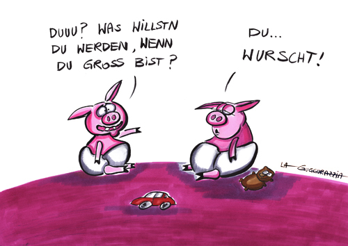 Cartoon: . (medium) by LA RAZZIA tagged zukunftspläne,karriere,schwein,pig,job,beruf,traum,dream,youth,childhood,baby