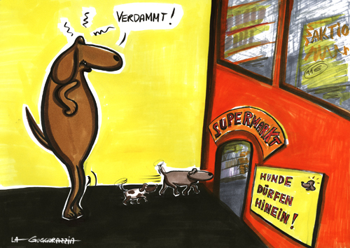 Cartoon: . (medium) by LA RAZZIA tagged dog,shopping,super,market,einkaufen,tall