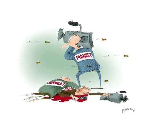 Cartoon: pianist (medium) by geomateo tagged pianist,war,media,report,fire,death,shot,journalist,tv