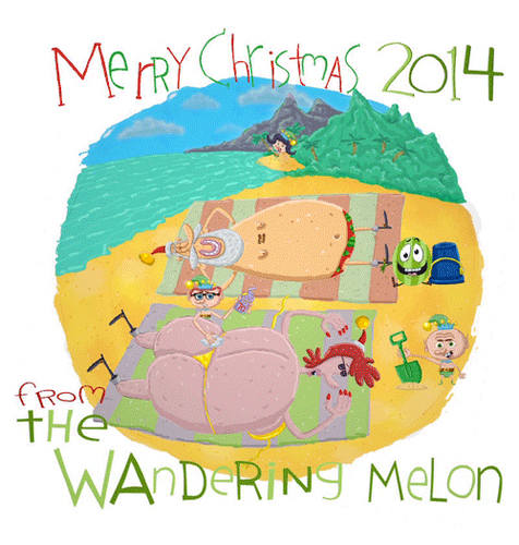 Cartoon: the Wandering Melon on Dec. 26th (medium) by mikess tagged christmas,christmastime,santa,claus,xmas,north,pole,reindeer,elves,santas,little,helpers,december,25,workshop,mrs,bum,thong,vacation,beach,holiday,ocean,tropical,paradise,wandering,melon,swimming,sand,islands