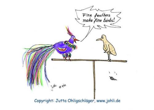 Cartoon: Kleider machen Leute (medium) by Johli tagged kleider,mode,sprichwort,vogel,federn,
