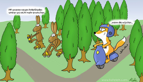 Cartoon: Fuchs und Hase (medium) by katelein tagged fuchs,hase,fox,scooter,roller,rollerblades,inlineskates,kate,katelein,wettlauf