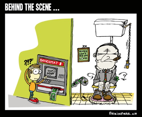Cartoon: Behind the Scene (medium) by BRAINFART tagged atm,dirty,banker,capitalism,money,bank,toonpool,amazing,fun,drawing,zeichnung,witzig,lustig,humor,art,character,cartoon,comic