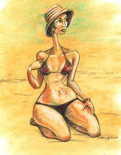 Cartoon: on the beach (medium) by michaelscholl tagged woman,cartoon,beach,swimsuit,hat