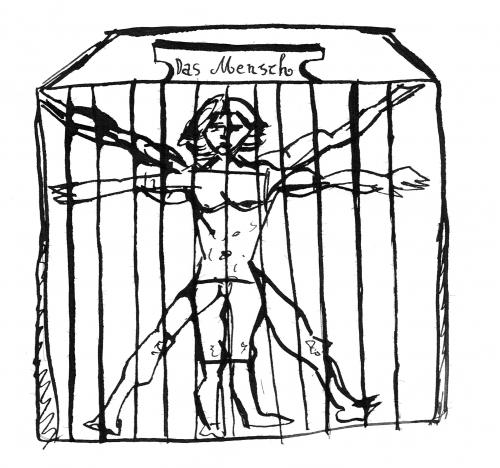 Cartoon: Das Mensch (medium) by Tobias Wolff tagged gitter,gefängnis,leonardo,da,vinci,mensch,zoo
