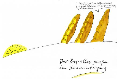 Cartoon: Drei Baguettes (medium) by Tobias Wolff tagged drei,baguette,baguettes,sonne,sonnenuntergang,welt,gewaltig,zerbrechlich