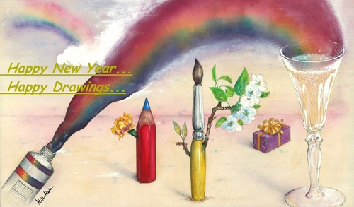 Cartoon: Happy New Year (medium) by Atilla Atala tagged happy,new,year,drawing,pen,brush,champagne,rainbow