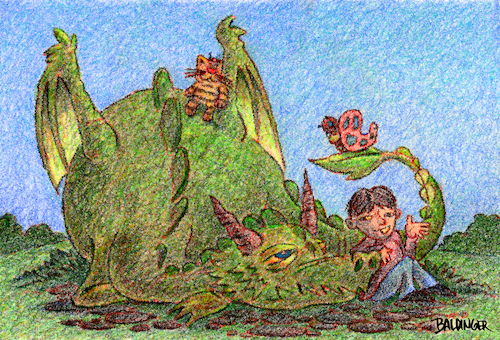 Cartoon: The Storyteller (medium) by dbaldinger tagged fantasy,children,dragon,story,fantasy,children,dragon,story