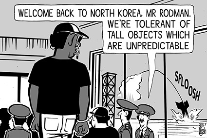 Cartoon: Dennis Rodman in North Korea (medium) by sinann tagged rodman,dennis,north,korea,tall,missiles,unpredictable
