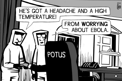 Cartoon: Ebola president (medium) by sinann tagged ebola,obama,president,headache,fever,symptoms