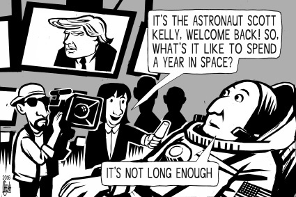 Cartoon: Scott Kell astronaut (medium) by sinann tagged scott,kelly,astronaut,return,year,donald,trump