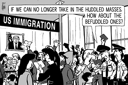 Cartoon: Trump immigration (medium) by sinann tagged donald,trump,immigration,refugee,huddled,masses,ban,us