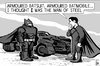 Cartoon: Batman vs Superman (small) by sinann tagged batman,superman,man,of,steel,armoured,batsuit,batmobile