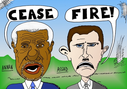 Cartoon: Annan Assad Cease Fire! (medium) by laughzilla tagged syria,civil,war,ceasefire,cease,fire,annan,assad,caricature,political,cartoon,editorial,comic,laughzilla