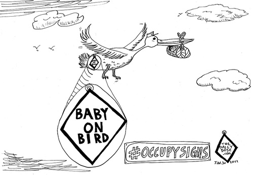 Cartoon: Baby on Bird (medium) by laughzilla tagged baby,bird,board,infant,ows,stork,parody,satire,cartoon