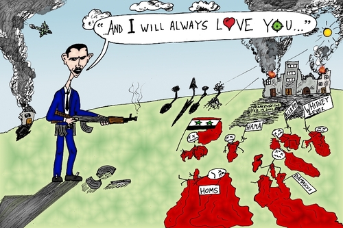 Cartoon: Bashar Assad will always love yo (medium) by laughzilla tagged bashar,assad,whitney,houston,love,song,parody,satire,caricature,political,editorial,cartoon