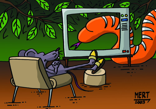 Cartoon: 7-77_1 (medium) by MERT_GURKAN tagged animals,snake,mouse,tv,jungle,caricature