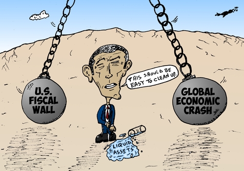 Cartoon: Economy wrecking balls and Obama (medium) by BinaryOptions tagged president,obama,economic,wrecking,balls,liquid,assets,united,states,america,caricature,financial,editorial,business,comic,cartoon,optionsclick,binary,options,trader,option,trading,trade,news,lampoon