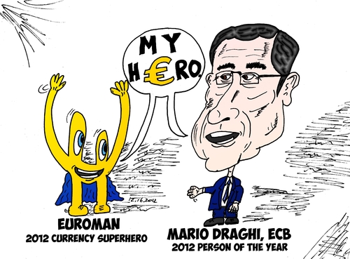 Cartoon: Euroman and Mario Draghi cartoon (medium) by BinaryOptions tagged mario,draghi,euroman,ecb,caricature,cartoon,editorial,business,finance,financial,banking,currency,forex,trade,trader,trading,binary,option,options,optionsclick