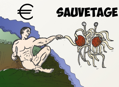 Cartoon: Homme Flying Spaghetti Monster (medium) by BinaryOptions tagged options,binaire,trading,option,binaires,trader,caricature,homme,flying,spaghetti,monster,euro,eur,sauvetage,optionsclick,news,nouvelles,infos,satire