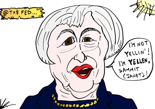 Cartoon: Janet Yellen comic parody (medium) by BinaryOptions tagged janet,yellen,fed,chief,chairman,chairwoman,nominee,federal,reserve,monetary,policy,binary,option,options,trader,invest,financial,money,optionsclick,editorial,cartoon,caricature,political,business,news