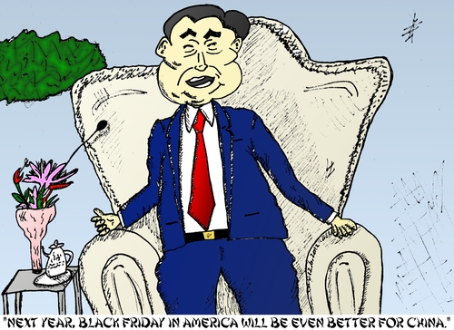 Cartoon: Xi Jinping Black Friday cartoon (medium) by BinaryOptions tagged china,xi,jinping,thanksgiving,black,friday,holiday,sales,caricature,financial,editorial,business,comic,cartoon,optionsclick,binary,options,trader,option,trading,trade,news,satire