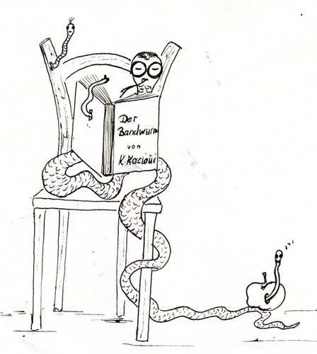 Cartoon: Die Brillenschlange (medium) by KatrinKaciOui tagged brillenschlange,holzwurm,apfelwurm,regenwurm,stuhl,buch,vers,shop