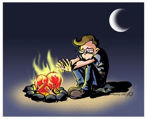 Cartoon: sad love (medium) by ramzytaweel tagged love,sad,moon,fire