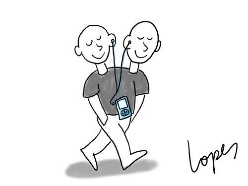 Cartoon: iPod Sharing (medium) by Lopes tagged siamese,twins,ipod,mp3,player,music,listening