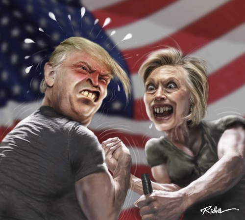 Cartoon: Hillary Clinton vs. Donald Trump (medium) by Ridha Ridha tagged hillary,clinton,vs,donald,trump,politicians,elections,usa,cartoon,by,ridha